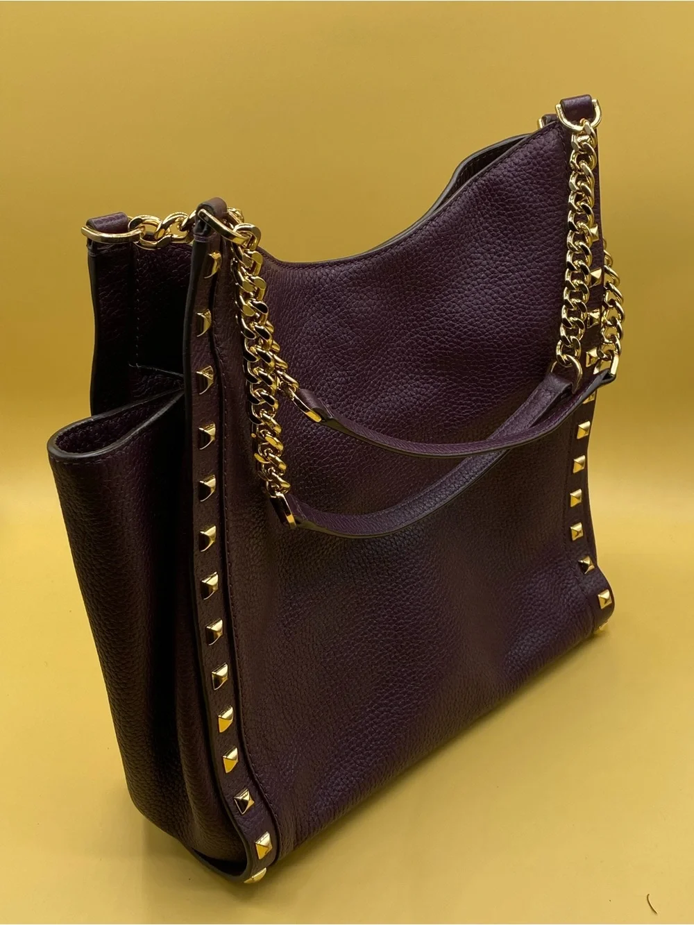 Michael Kors Plum Leather Studded Hobo Shoulder Bag with Gold Hardware - Picture 3 of 4